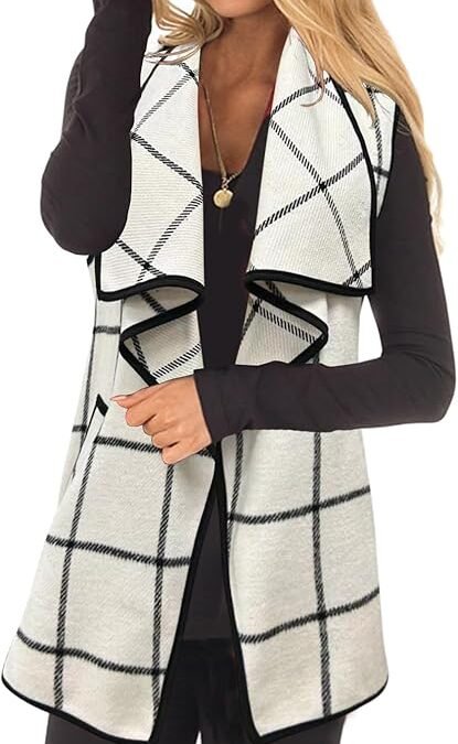 YACUN Women Plaid Vest Lapel Open Front Sleeveless Jacket