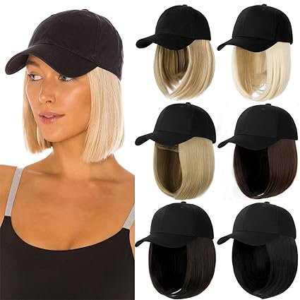 Qlenkay Baseball Cap with Hair Extensions Straight Short Bob