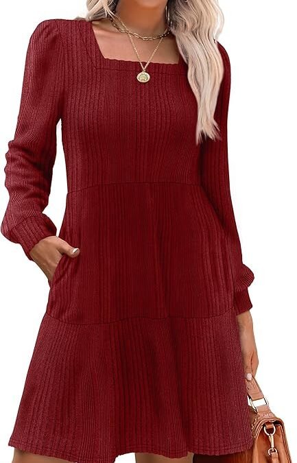 SAMPEEL Women’s Square Neck Long Sleeve Fall Dresses Casual