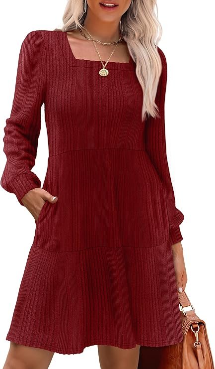 SAMPEEL Women’s Square Neck Long Sleeve Fall Dresses Casual