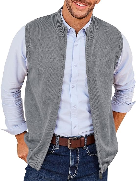 Runcati Men’s Full Zip Sweater Vest Knitted Stand Collar Cardigan